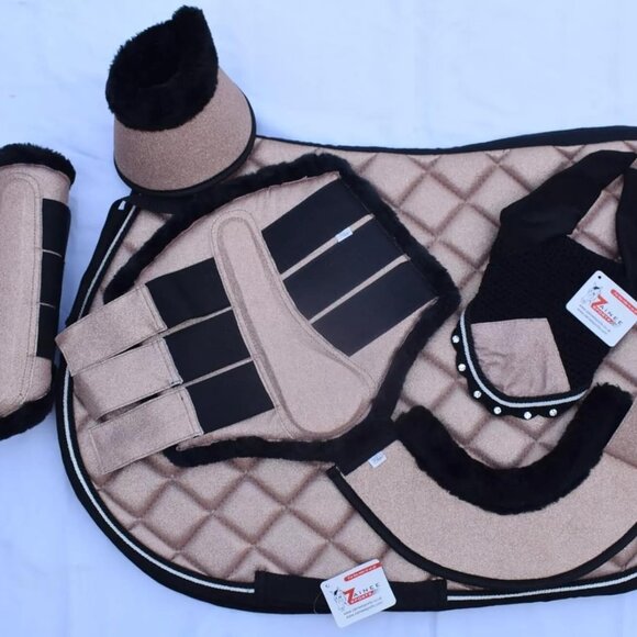 Glitter Rose Gold All Purpose English Saddle Pad with Matching Fly Bonnet, Boots - Picture 2 of 8